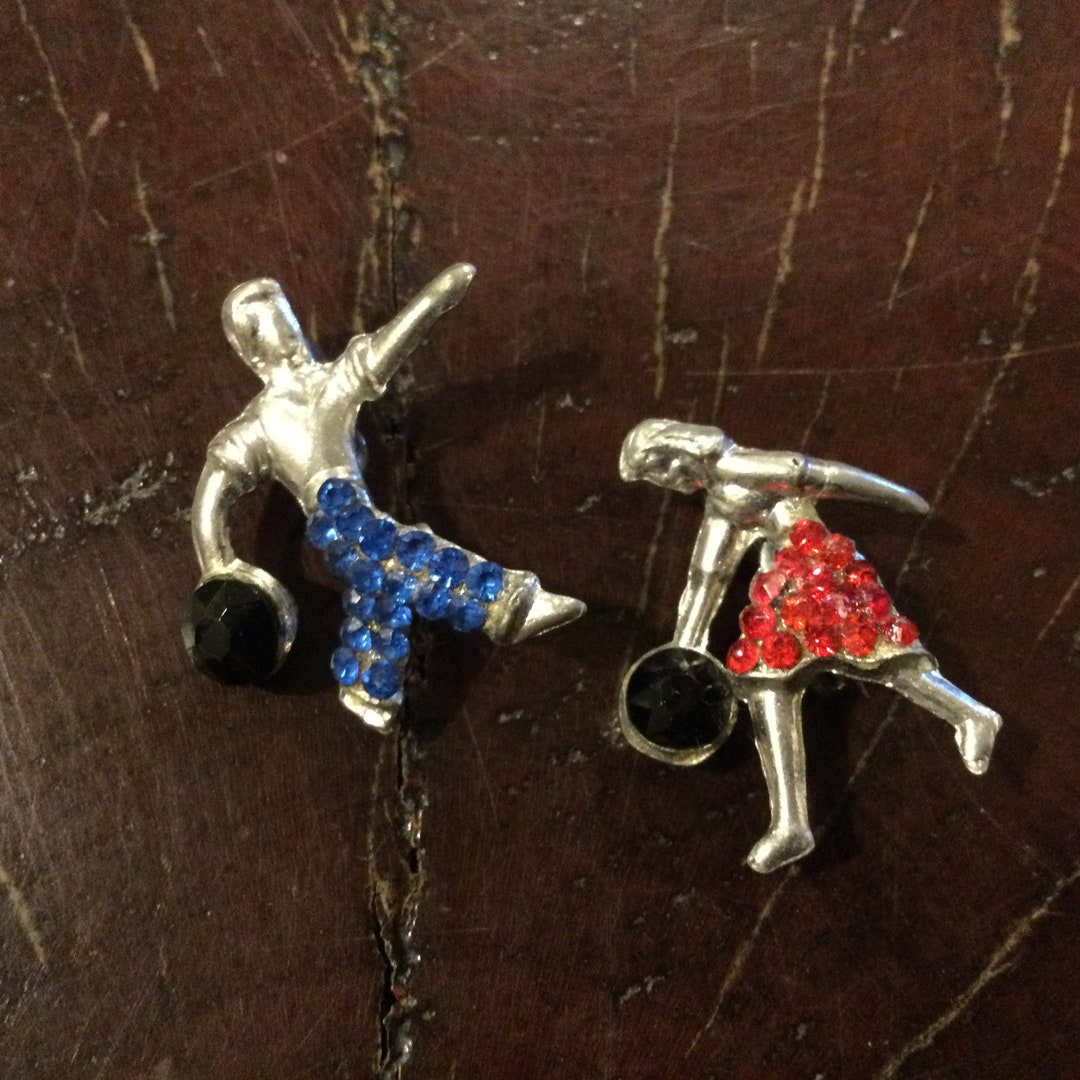 Pair Vintage Bowling Boy & Girl Rhinestone Brooches / Bowlers Brooches
