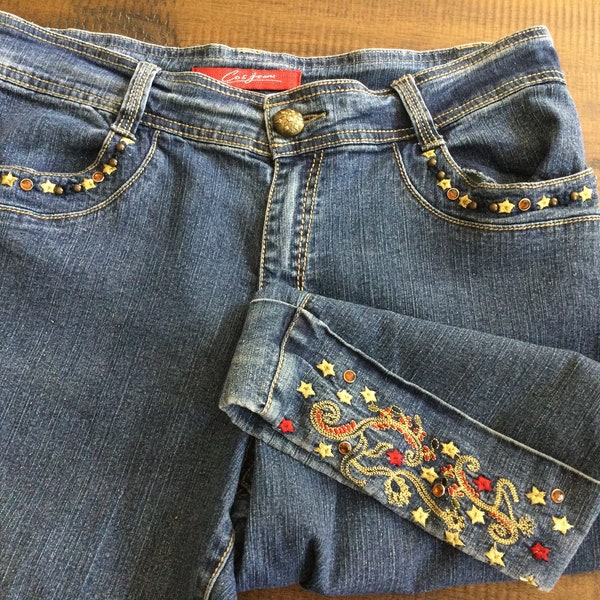 Jeans Jeweled Embroidered Denim Bermuda Length Pants / Embellished Studded Jeans Shorts Cuffs & Pockets / 12P / Cos Jeans Studded Embroidery