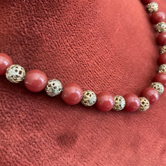 Vintage Carnelian glass & Filigree Bead necklace … - image 3