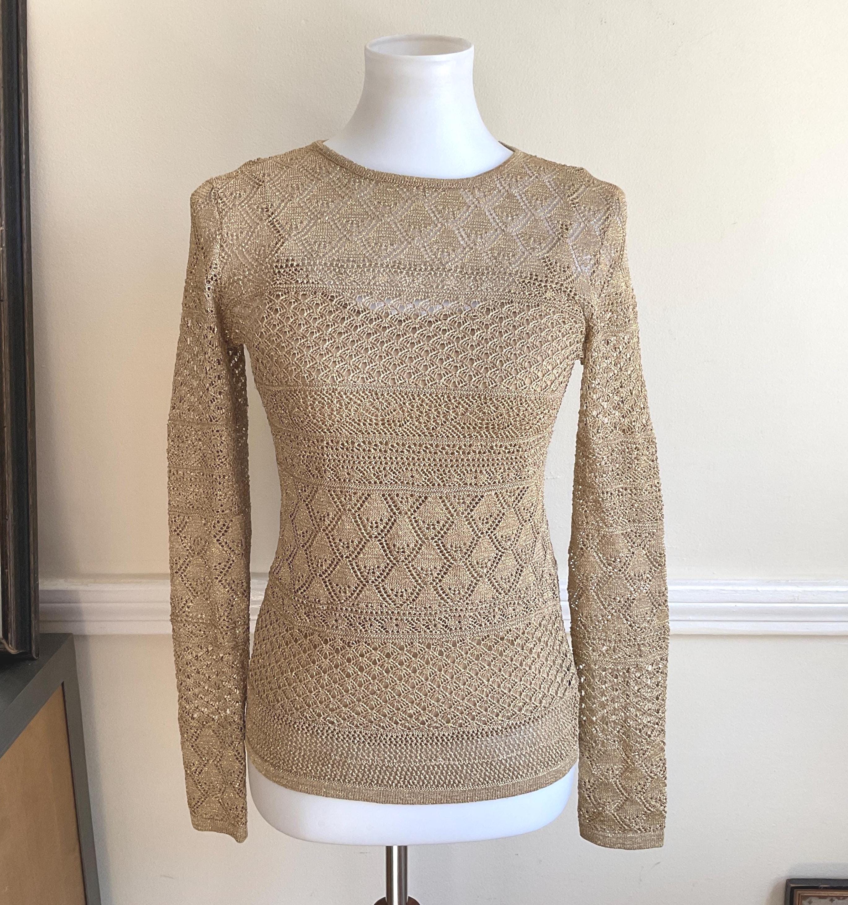 Lauren Gold Crochet Open Weave Top Small / Lauren Ralph Lauren Metallic Sparkle Gold Fitted Top long sleeve Under Top Lined Fancy Gold Top