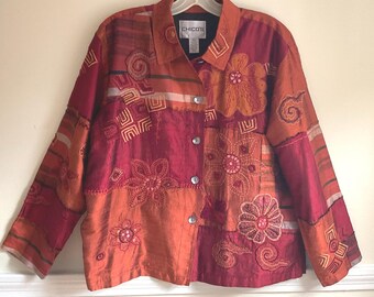 Chico's Silk Patchwork Embroidered Shirt Jacket Chicos Sz 2 Lg 44 Chest / Beaded Silk Patchwork Boho Artsy Reds Burnt Orange Copper