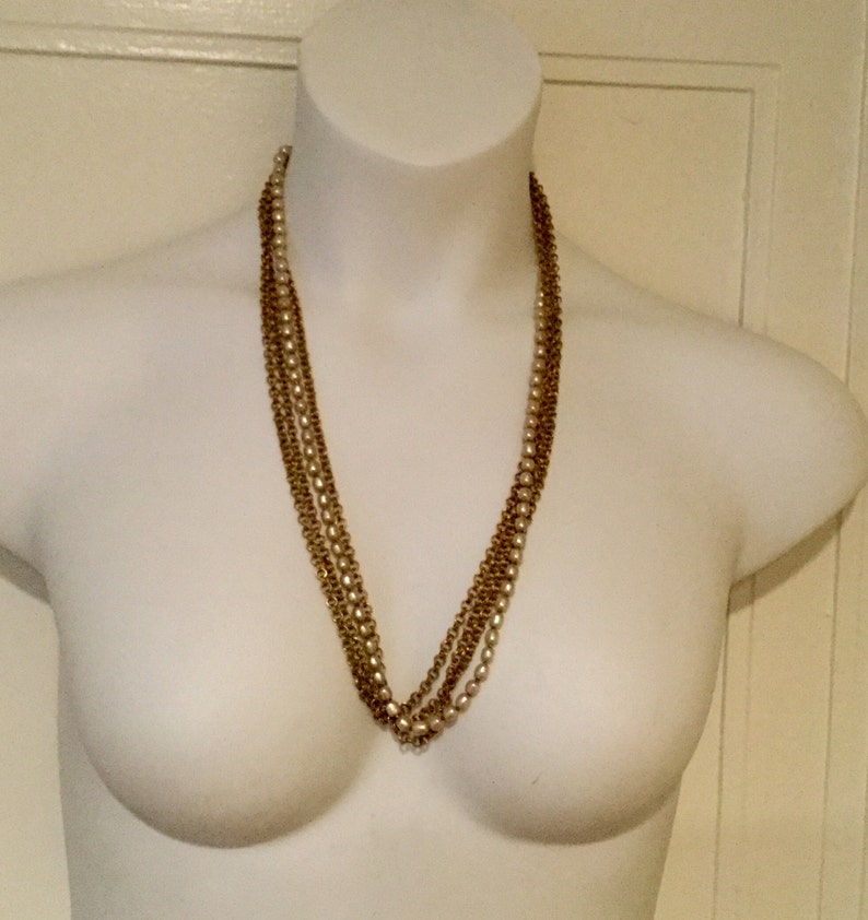 MIRIAM HASKELL Baroque Pearl NECKLACE 4 Strands 28 3 Double Link Russian Gold tone chains Faux pearl-encrusted Signed Round Box Clasp