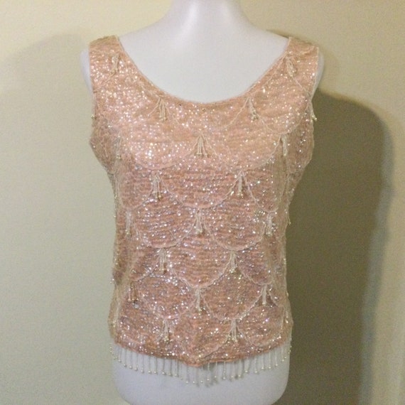 Vintage 50s-60s Pink Sequin Beaded Shell / Mod Go… - image 1