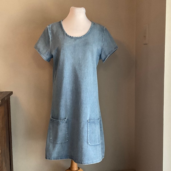 Denim Casual A Line Dress Small / Blue Denim Pullover Dress Pockets Short Sleeves / Spring Summer Denim Dress / Wear Everywhere Denim Dress