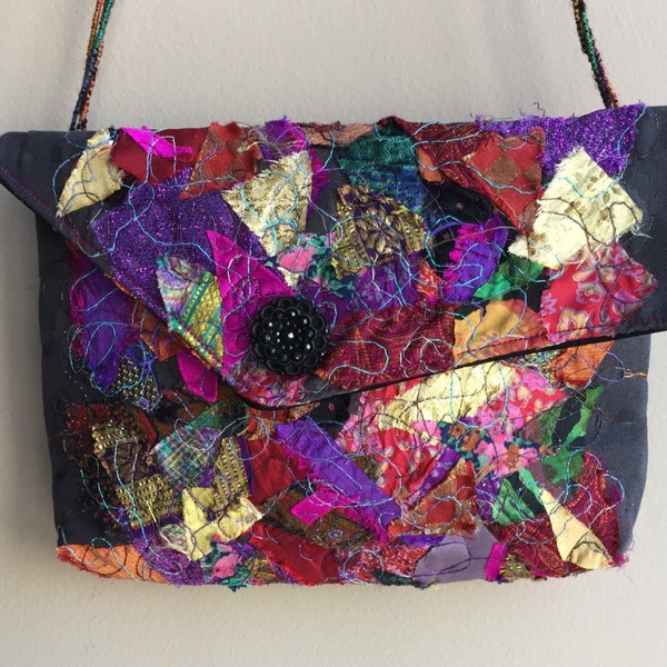 Handmade Fibreart Shoulder Bag -Fabric Collage Bag - Quilted Crossover Shoulder Bag - Wearable Art