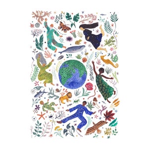 May include: A colorful illustration of people, animals, and plants surrounding a blue and green globe. The illustration features a variety of colors and textures, including blue, green, yellow, red, and orange. The globe is surrounded by a variety of plants, including flowers, leaves, and branches. The people are depicted in various poses, some dancing, some flying, and some holding hands. The animals include a lion, a seahorse, a fish, and a butterfly. The illustration is a celebration of life and the beauty of the natural world.
