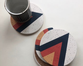 ARROW COASTERS set of 4 absorbent stone coasters / ceramic coasters with midcentury geometric design.