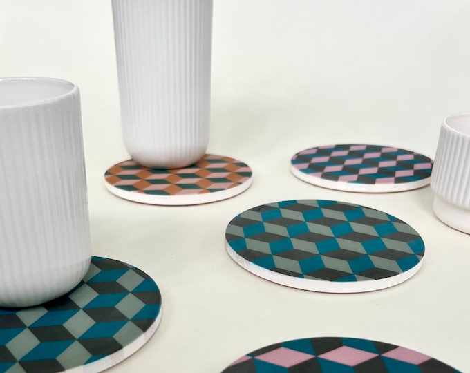 CUBES BLUE & GREEN Coasters set of 4 absorbent stone coasters / ceramic coaster set