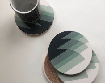 WAVES COASTERS set of 4 ceramic coasters green and blue geometric deco