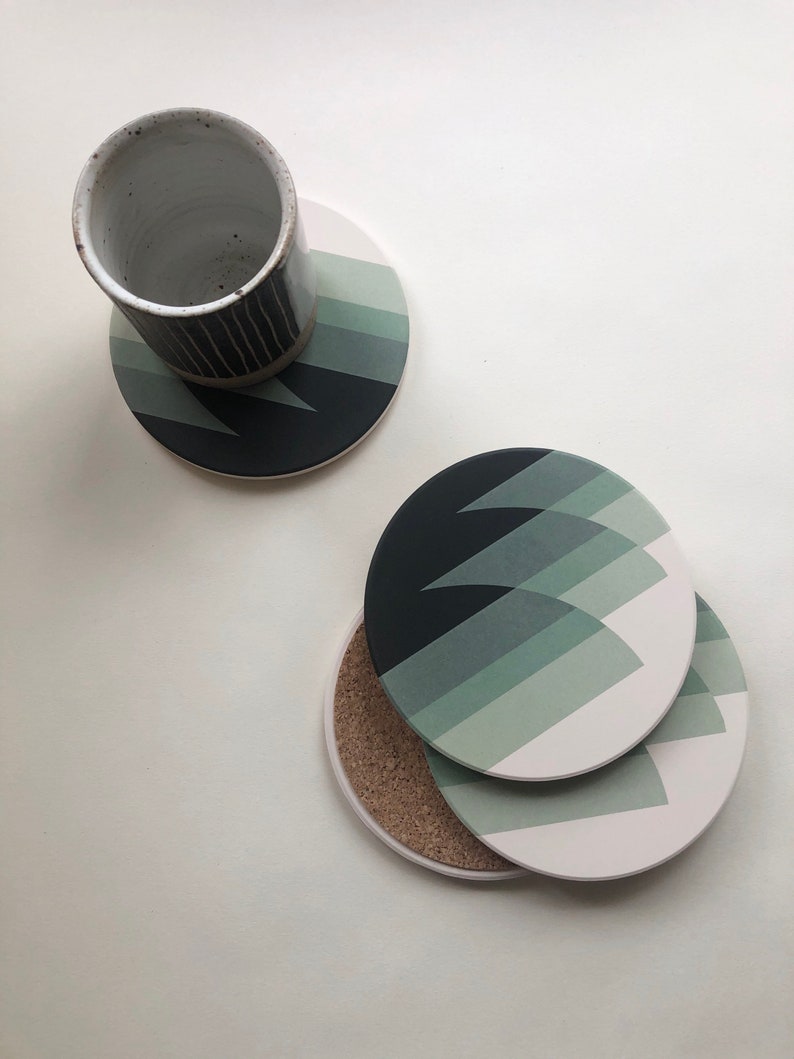 WAVES COASTERS set of 4 ceramic coasters green and blue geometric deco image 1