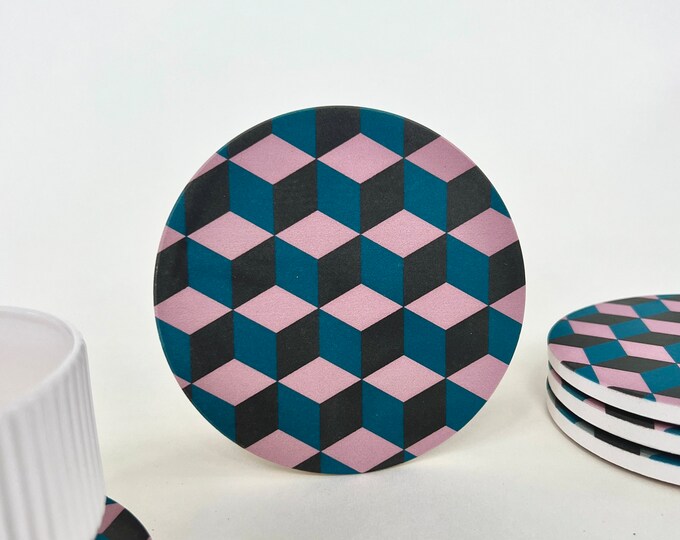 CUBES WALLPAPER COASTERS pink set of 4 absorbent stone coasters / ceramic coaster set