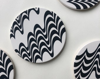 SQUIGGLE COASTERS set of 4 WAVY ceramic  absorbent coasters, stone coasters, geometric coasters, lovely hostess gift