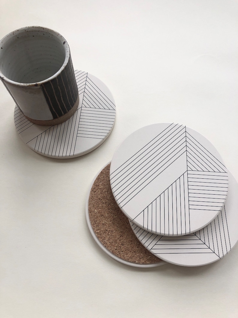 DECO COASTERS set of 4 absorbent ceramic stone coasters, modern, geometric, minimal image 1