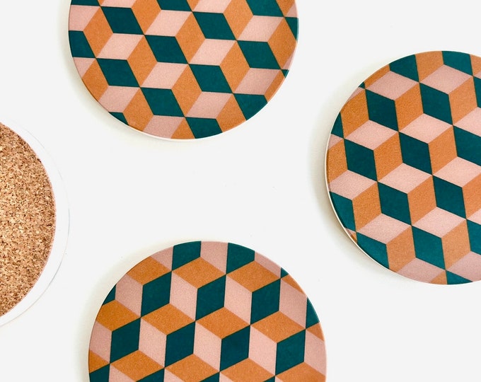 CUBES COASTERS set of 4 absorbent stone coasters / ceramic coasters with midcentury geometric design