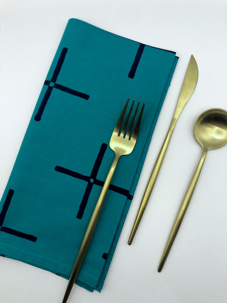 PLUS set of 4 cloth napkins hand printed dark teal blue-green image 1