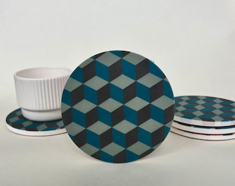 CUBES BLUE & GREEN Coasters set of 4 absorbent stone coasters / ceramic coaster set