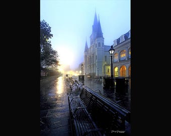 Photography New Orleans Print: Early Foggy Jackson Square, Saint Louis Cathedral