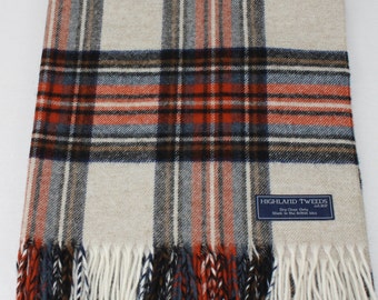 Bronte By Moon For Highland Tweed Pure Merino Wool SMALL Throw Knee Blanket Shawl Scarf in Multicheck Tartan Coral and Blue