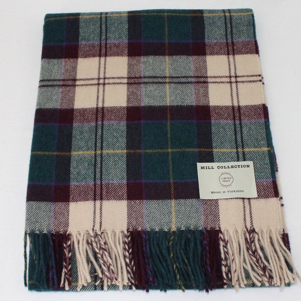 Bronte By Moon Mill Collection Pure Merino Wool Tartan Check Small Throw Knee Blanket Scarf Shawl in Teal, Burgundy and Cream