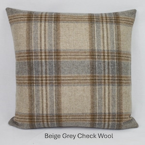 Beige Grey Check Wool Cushion Cover Abraham Moon Spring Design British Made Wool Cushion Pillow Cover Plaid Tartan Check Wool