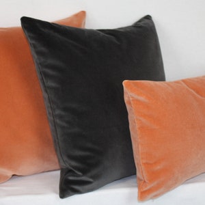 May include: Three decorative throw pillows, one dark gray and two peach colored.