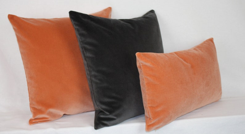 May include: Three decorative throw pillows, one dark gray and two peach colored.