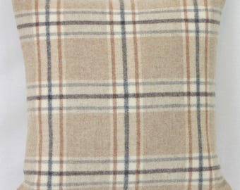 Camel Check Wool Abraham Moon Brown Beige Grey Arncliffe Design British Made Wool Cushion Pillow Cover Plaid Tartan Square Rectangle Lumbar
