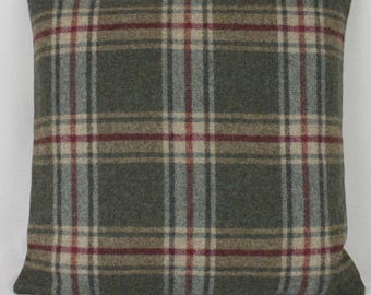 Blue Green Check Wool Cushion Cover Abraham Moon Arncliffe Design in Olivine British Made Wool Cushion Pillow Cover Plaid Tartan Check Wool