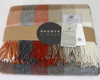 Bronte by Moon Harlequin Check Lambswool Throw Blanket SAFFRON & GREY