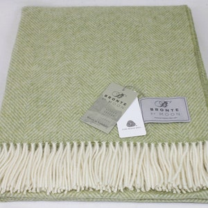 Bronte By Moon Merino Lambswool SAGE GREEN HERRINGBONE Throw Blanket