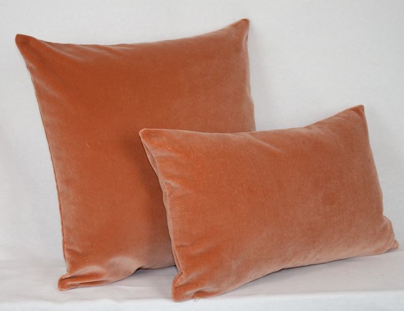 May include: Two soft, peach-colored velvet throw pillows. The larger pillow is square and the smaller pillow is rectangular.