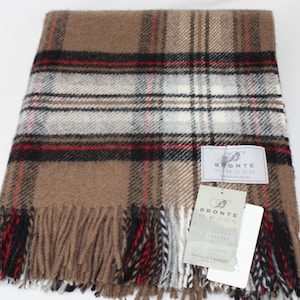 Bronte By Moon Camel Stewart Throw Blanket 100% Pure New Wool Brown Beige Tartan Check Plaid
