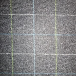 May include: Close-up of a gray fabric with a plaid pattern. The plaid features thin lines of white, light blue, and light green that intersect to create a grid design. The fabric has a textured appearance.