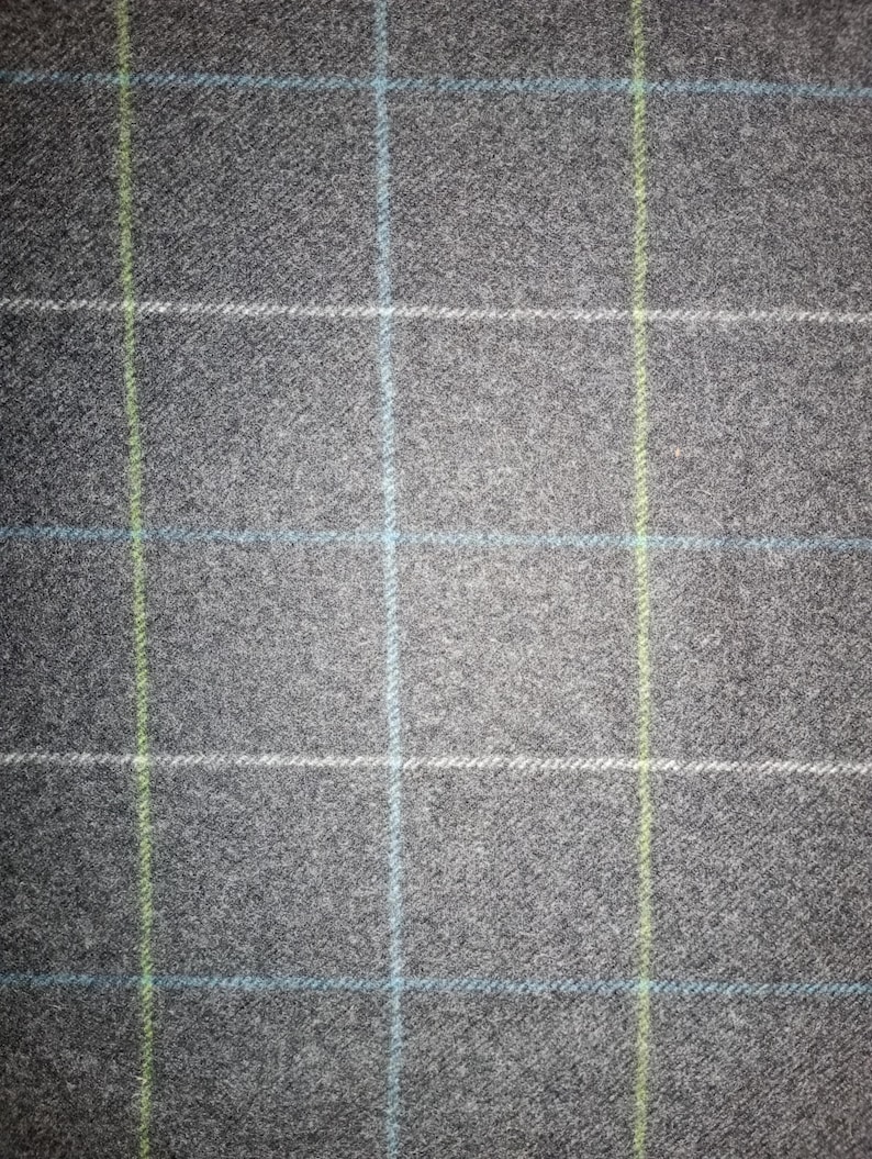 May include: Close-up of a gray fabric with a plaid pattern. The plaid features thin lines of white, light blue, and light green that intersect to create a grid design. The fabric has a textured appearance.