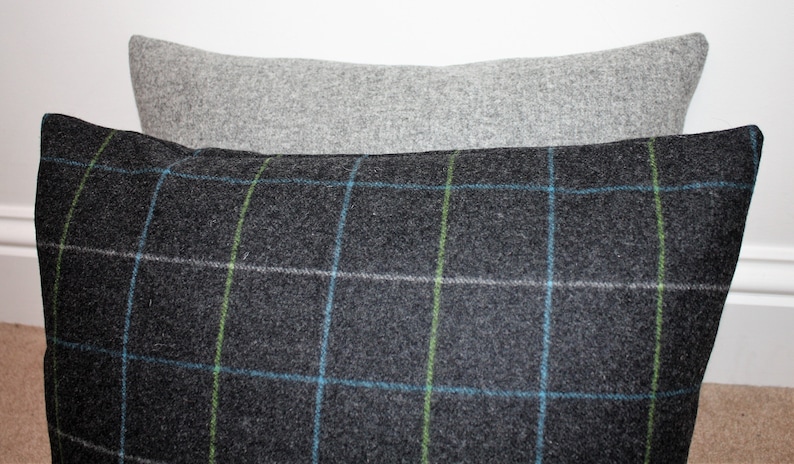 May include: Two decorative pillows. The front pillow is dark gray with a plaid pattern in blue, green, and white. The back pillow is a solid light gray.