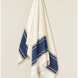 Bronte By Moon Whitby Harbour Blue Merino Lambswool Light Throw Blanket in Blue and Ivory White