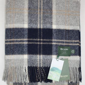 Bronte by Moon Bannockbane Silver Grey and Navy Blue Check Tartan Plaid Blanket Throw 100% Pure New Shetland Wool