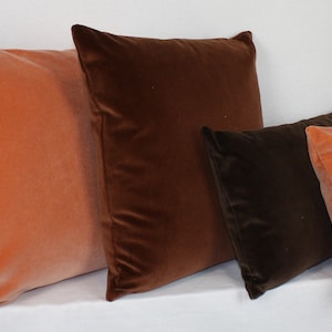 May include: Five decorative throw pillows in a variety of sizes. Two are a burnt orange color and three are a dark brown color.