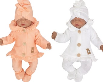 Knitted 4-Piece Suit Christening Wedding Girl Baby Beanie Jacket Pants White Coral