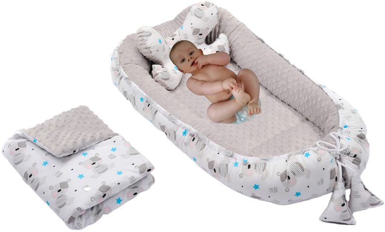 Oeko-Tex Zertifiziert ALUSHBABY 55x75 cm Baby Cocoon, 100/% Baumwolle Babynest Mit Kissen Und Decke Antiallergische Faser, als Baby Reisebett, Kuschelnest Baby Geeignet Baby Nestchen Bett Blau