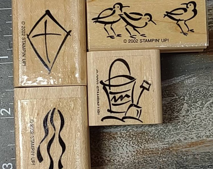 Stampin' Up lot of 4 beach sand pail kite pelicans rubber stamp set stamp lot