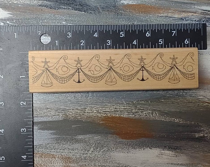 Fish and sailboat edge border rubber stamp large nautical stamp block
