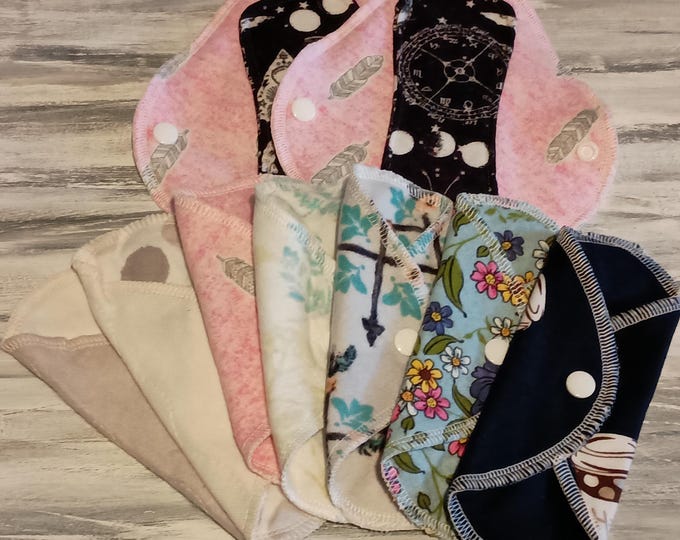 9 pack try it set CLOTH PADS SET All sizes, beautiful bamboo fleece, bamboo flannel and cotton liners sets