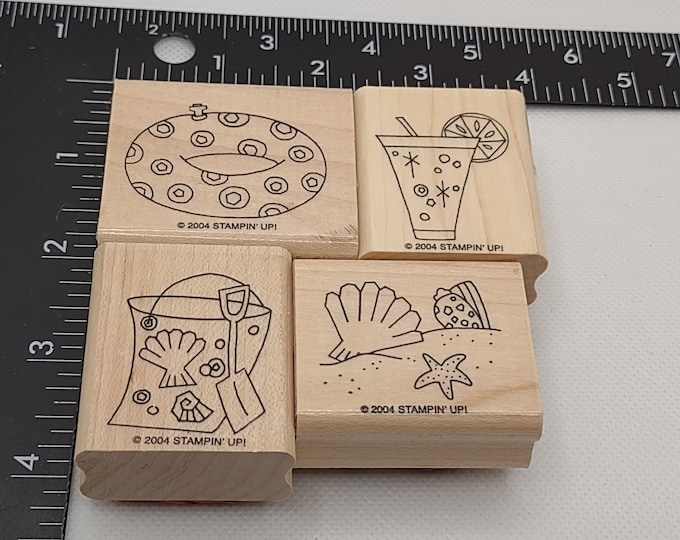Stampin' Up lot of 4 just beachy inner tubes, lemonade, seashell, pelicans rubber stamp set stamp lot