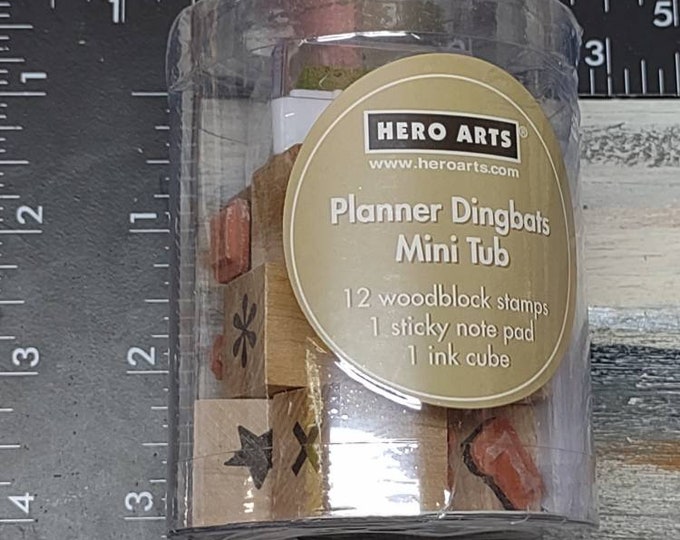 Hero arts planner dingbats mini tub 12 wooden block mini stamps plus ink cube and sticky note pad