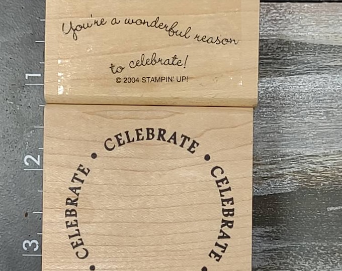 Stampin up,  De Nami Design celebrate stamps • wood mounted rubber stamps set of 2