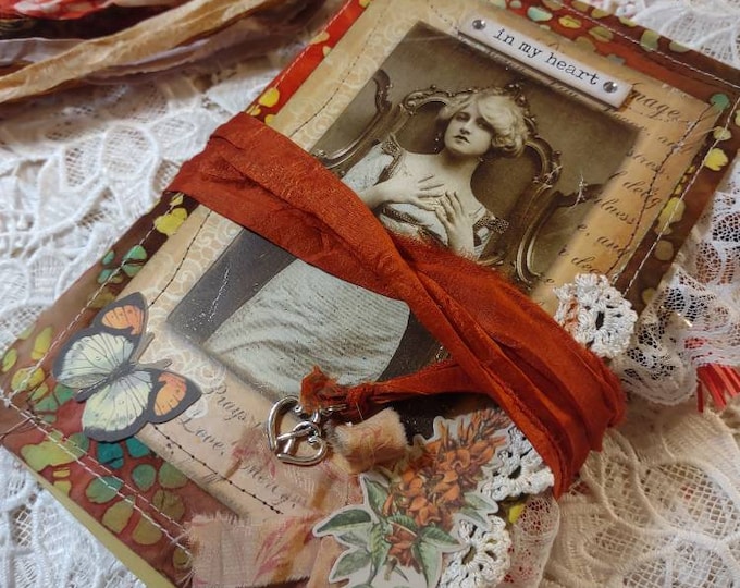 IN MY HEART Beautiful Journal Book lots of writing space Journal fabric covered tn 2 large signatures tea paper full size journal upcycled