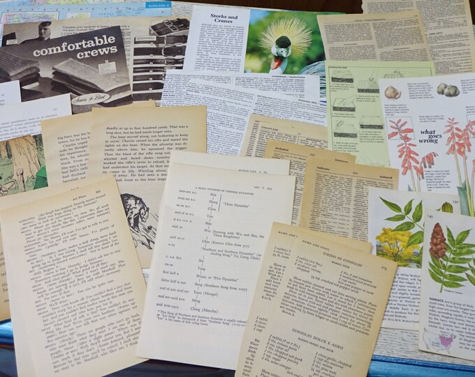 35 Page VINTAGE PAPER PACK Old papers from 1955-1980s Ephemera Beautiful Journal papers Old book pages for collage and art journal supplies