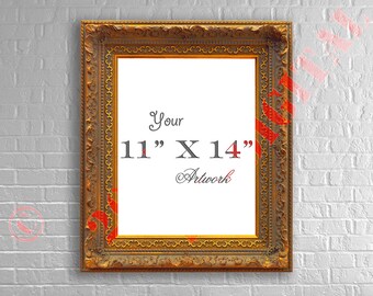 Download Free Ornate Gold Wood Frame Wall Art Mockup, Vertical, 11x14, White Brick Background, 72 dpi, PSD, PNG, JPG, Download PSD Template