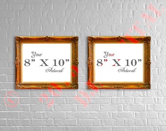 Download Free Ornate Gold Wood Frame Wall Art Mockup, Two Frame Arrangement, Horizontal, 8x10, White Brick Background, 72 dpi, PSD, PNG, JPG, Download PSD Template
